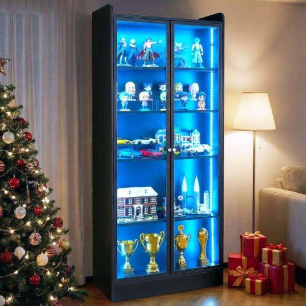 67 in. Tall Lighted Display Cabinet - 5-Tier Curio Collectibles Storage Cabinet with 2 Adjustable Shelves for Pantry Bedroom Living Room Office