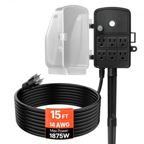 Outdoor Power Stake - 15 ft. Extension Cord - Weatherproof Power Strip with Cover & Overload Protection - 6 Outlets - 15A & 1875W