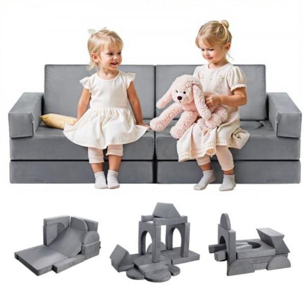 Modular Kids Play Couch - Sectional Toddler Sofa - 28D Sponge & Short Pile - Convertible Kids Modular Couch, Gray - 14 Piece