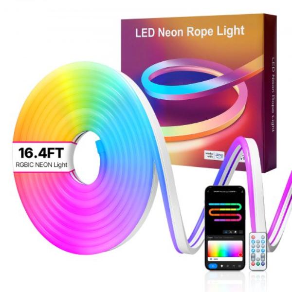 LED Neon Rope Light - 16.4 ft. Flexible RGB-IC LED Strip Light - Control with App & Remote - Works with Alexa & Google Assistant