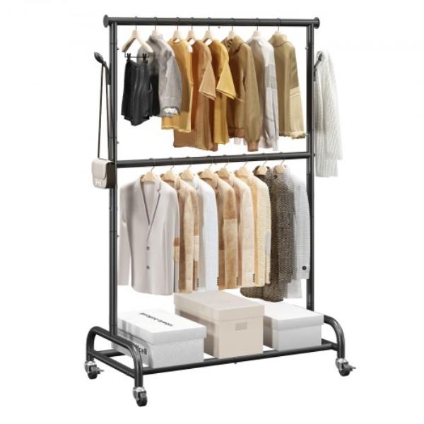 Rolling Clothing Garment Rack - Adjustable Crossbar - Side Hooks - 150 lbs - Heavy Duty Carbon Steel - Wheels for Bedroom - Laundry - Living Room