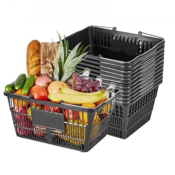 Picture of Vevor DSBDGWL12PCSTCUJ7001V0 Shopping Baskets - 21 Liter Stackable PE Plastic Grocery Baskets with Handles - Holds up to 20 lbs - Portable, Black - 12 Piece