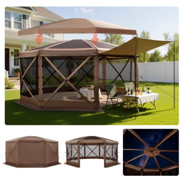 Pop up Gazebo Screen Tent - 15 x 15 ft. Large 8-Sided Camping Canopy Tent with Removable Top & Carry Bag for 12-15 Persons Backyard Patio - Brown