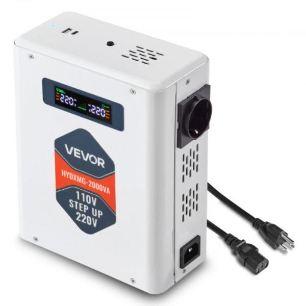 Step Up Voltage Converter - 2000VA - Heavy Duty Voltage Power Converter - 110V to 220V Power Transformer - 2 EU Outlets - USB Output - LCD Display