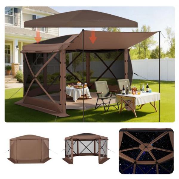 Pop up Gazebo Screen Tent - 12 x 12 ft. Large 6-Sided Camping Canopy Tent with Removable Top & Carry Bag - Quick-Set & Bite-Proof - Brown