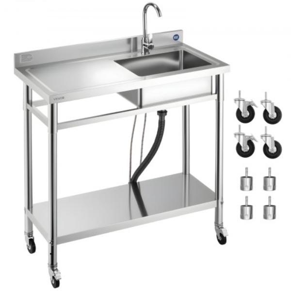 Picture of Vevor DSCDGZT100CMAR1OM001V0 Stainless Steel Utility Sink - Rolling Single Bowl Commercial Kitchen Sink with Wheels - Utility Basin Workbench for Garage Restaurant Laundry 39.4 x 19.7 x 41.5 in.