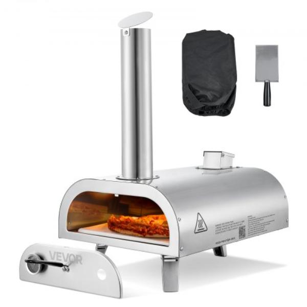 Pizza Oven Outdoor - 12 in. Pellet Pizza Oven - Portable Pizza-Stove with Built-in Thermometer for Backyard - Camping - Pizza-Stone - Silver