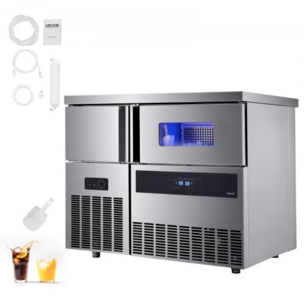 Picture of Vevor GZTZBJZJ330L2FB36001V1 Commercial Ice Maker Machine - 330 lbs Stainless Steel Ice Machine with Worktop - 88 lbs Storage - 144 Cubes per Cycle - Self-Cleaning Freestanding Ice-Making