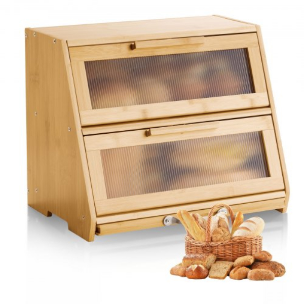 CWJLXZMTJXSCXHLJ0001V0 Double Layer Farmhouse Wooden Bamboo Bread Storage Container with Acrylic Wavy Door Panel, Natural - Large Capacity
