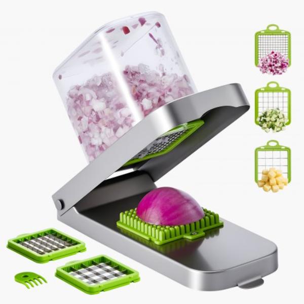 Picture of Vevor JSSWQSJQDQP3E6X76002V0 Vegetable Chopper - Food Veggie Cutter - 3 Stainless Steel Blades - Onion Slicer - Salad Potato Dicer - Kitchen Gadgets & Essentials - Silver