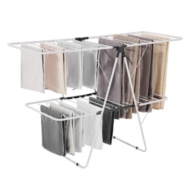 Clothes Drying Rack - 2-Tier Foldable Laundry Dryer Rack with Sock Clips & 31 Dry Rods - Metal Height Adjustable Drying Racks - White