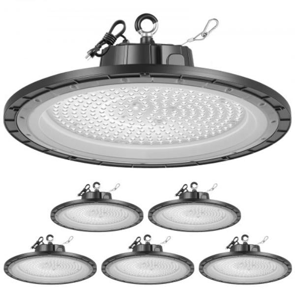 LED High Bay Lights - 5000K 200W 30000LM Super Bright UFO LED Warehouse Shop Lights - IP65 Waterproof - 100-277V Wide - Black - Pack of 6