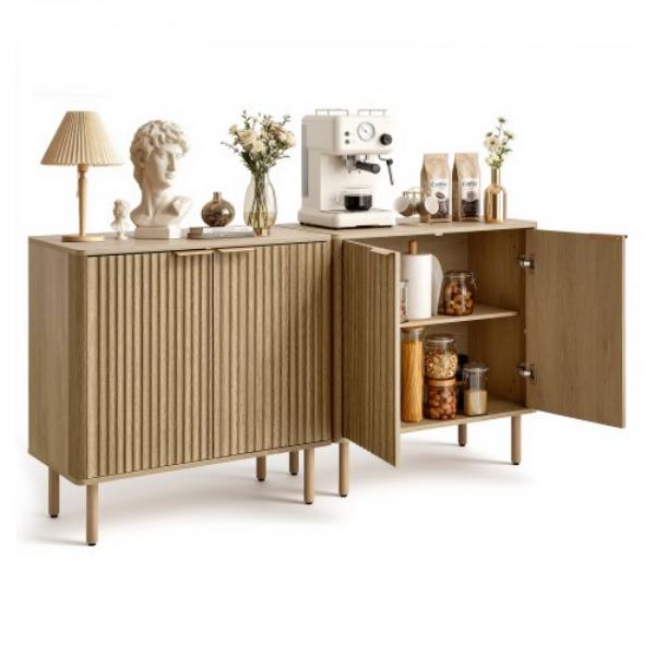 Coffee Bar Cabinet - Mid Century Fluted Coffee Bar Table with 2-Tier Storage - Buffet Stand Cabinet with 4 Barn Doors - 31.5 x 14.7 x 31.5 in.