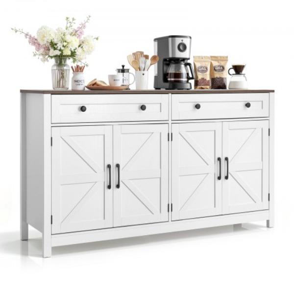 Coffee Bar Cabinet - Farmhouse Coffee Bar Table with 2 Drawers - Buffet Stand Cabinet with 4 Barn Doors - 55.1 x 15.5 x 31.5 in. - White