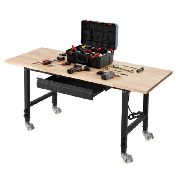 Adjustable Workbench on Wheels - 2000 lbs - 60 x 24 in. Oak Wood Top Workbench with Drawer & Power Outlets - Heavy-Duty Hardwood Worktable