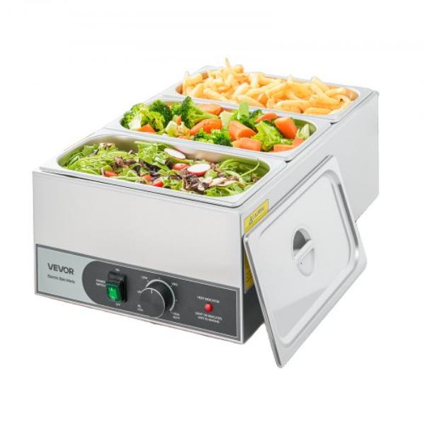 Picture of Vevor SYSPBWQ313FSCLLHG001V1 Commercial Food Warmer - 1200W Electric Stainless Steel Steam Food Warmer with Three 0.33 Size Food Pans