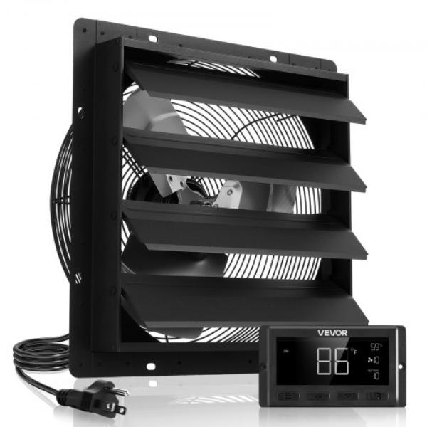 16 in. Shutter Exhaust Fan - Wall Mounted Attic Vent Fan with Smart Programming Variable Speed Temperature Control - 2900 CFM - EC Motor - Black