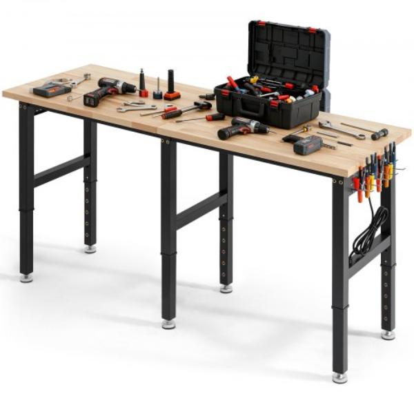 Adjustable Workbench - 5000 lbs - 72 x 24 in. Oak Wood Top Workstation with 4 AC Outlets & 2 USB Ports - Heavy-Duty Hardwood Worktable