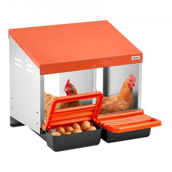 Chicken Nesting Boxes - 2 Compartments - Easy Egg Collection - Wall Mount - Galvanized Steel - High-Strength Plastic - Roll Away - Orange
