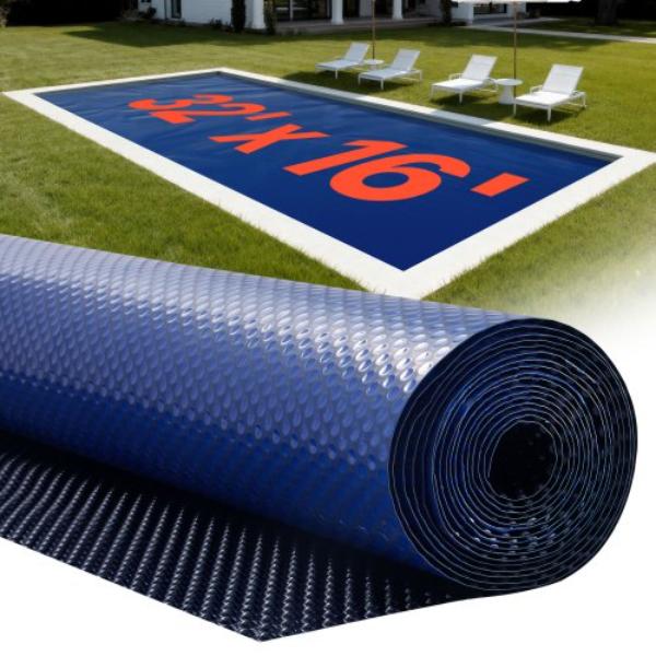 Solar Pool Cover - 32 x 16 ft. Pool Bubble Cover - 16 Mil Pools Solar Blanket with Dual Heat-Locking Air Layer - Blue & Silver - Cuttable