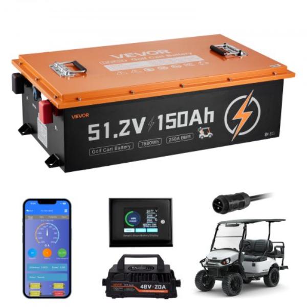 48V 150AH Lithium Golf Cart Battery with 20A Charger - Lifepo4 Battery Kit - Built-in 250A BMS with Bluetooth & Touch Monitor - 2C Discharge