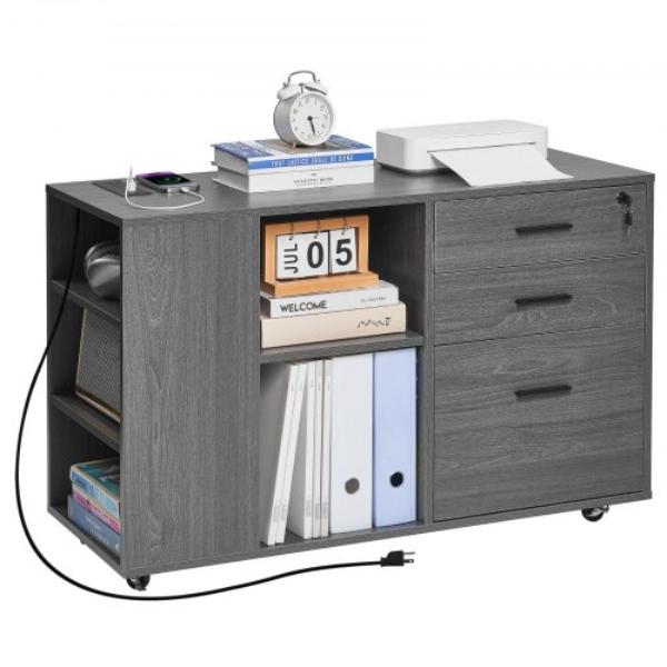 3 Drawer Wooden File Cabinet - Mobile Filing Cabinet with Power Strip - Lockable Rolling File Storage with Adjustable Shelves & 5 Wheels - Gray