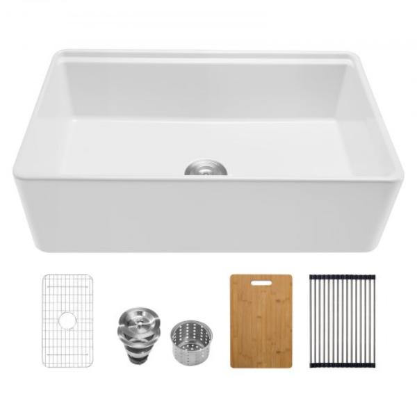 Picture of Vevor ZTNSSCDC33207I4IS001V0 32.5 x 20 in. Farmhouse Sink - White Sink Workstation - Fireclay Undermount Basins - Apron Front Single Bowl Basin with Multiple Accessories