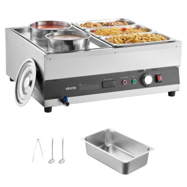 Picture of Vevor DSWPSYTGWFPZWT6B9001V1 Electric Soup Warmer - Two 6.34 qt. Pots & Three 0.33 Pans - Stainless Steel Commercial Food Warmer with 86-185 deg F Adjustable Temp - 1500W Bain Marie