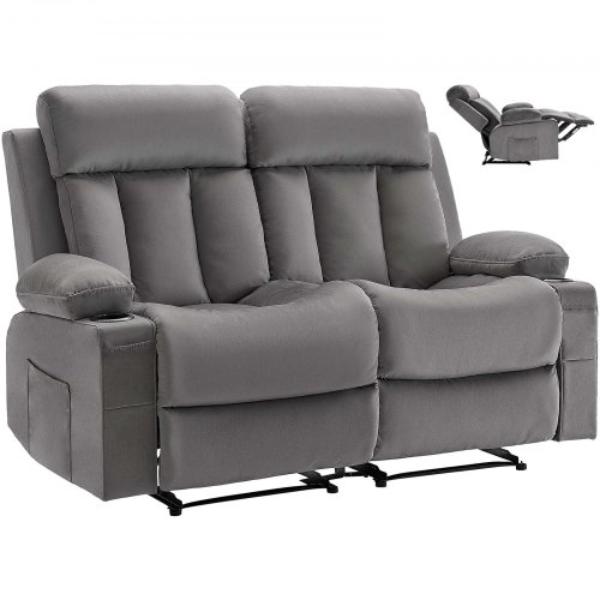 Loveseat Recliner Sofa - Power Reclining Couch with Heating & Massage - Soft Velvet Electric Recliner Sofa for Living Room - Grey