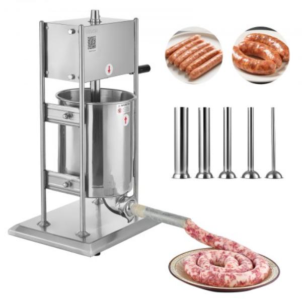 Picture of Vevor SDKGCJLS10L06EIN0001V0 Manual Sausage Stuffer - 22 lbs Vertical Meat Stuffer - Dual-Speed Sausage Casing Meat Filling Machine - Stainless Steel Heavy Duty Filler with 5 Stuffing Tubes