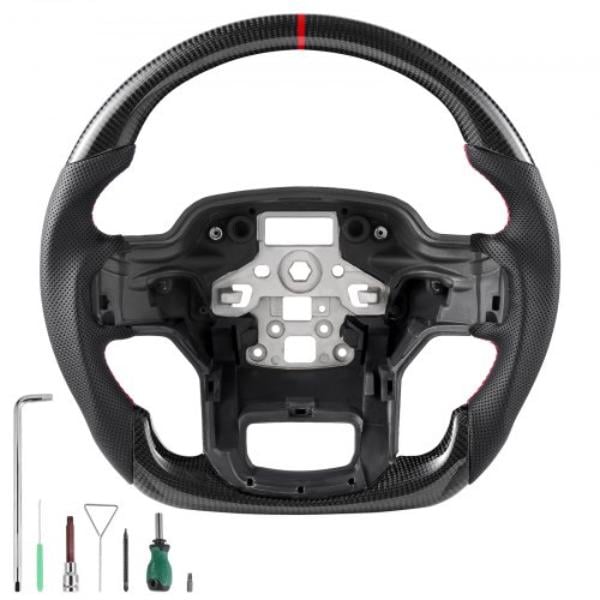 QCFXPZYFTF15VL7EA001V0 Steering Wheel - Carbon Fiber Steering Wheel D-Shaped Flat-Bottom - Leather Grip for 2021-2024 Ford F150 - Black
