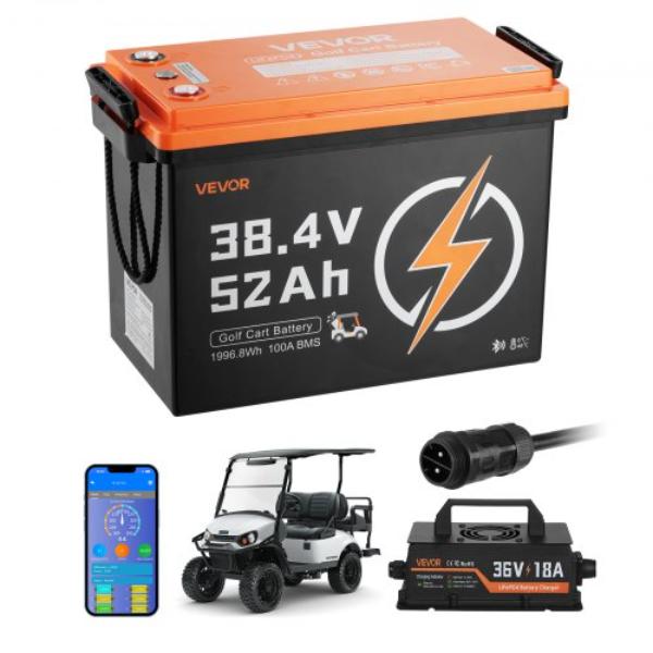 36V 52AH Lithium Golf Cart Battery with 18A Charger - Lifepo4 Battery Kit - Built-in 100A BMS - 4000 Cycles for Golf Carts - Trolling Motors