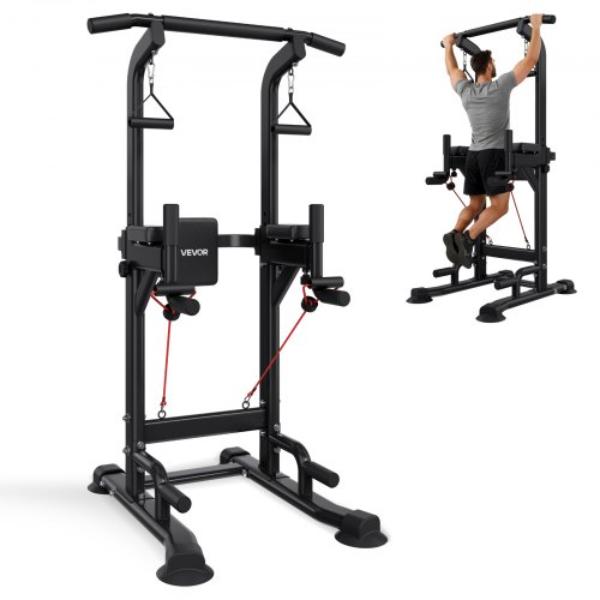 Pull Up Bar - 330 lbs Power Tower Dip Station - Workout Dip Station with H-Shaped Stable Base & Back Pad for Back - 4-Level Adjustable Back Pad