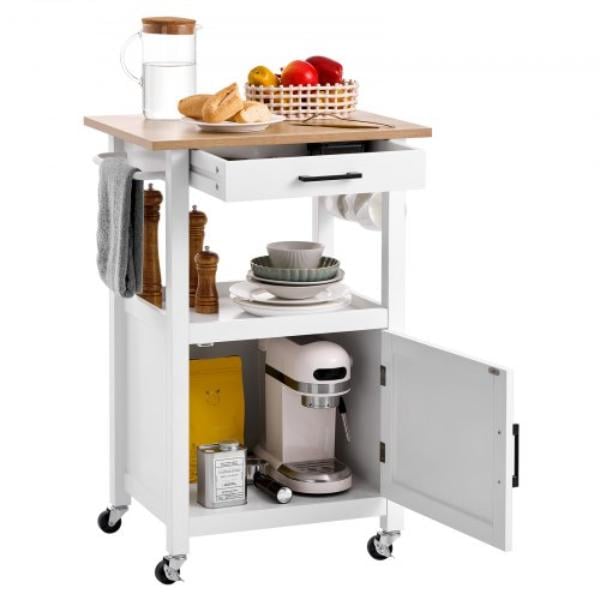 Kitchen Island Cart with Single Door Cabinet - Mobile Carts with Drawer - Towel Rack - Hooks - Portable Table on Swivel Wheels - 18 x 23 in. - White