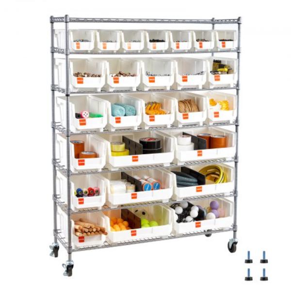7-Tier Rolling Bin Storage Rack - 26 Organizer Bins - Bin Rack Storage Steel Wire Shelving System with Wheels - Mobile Tool Organizer