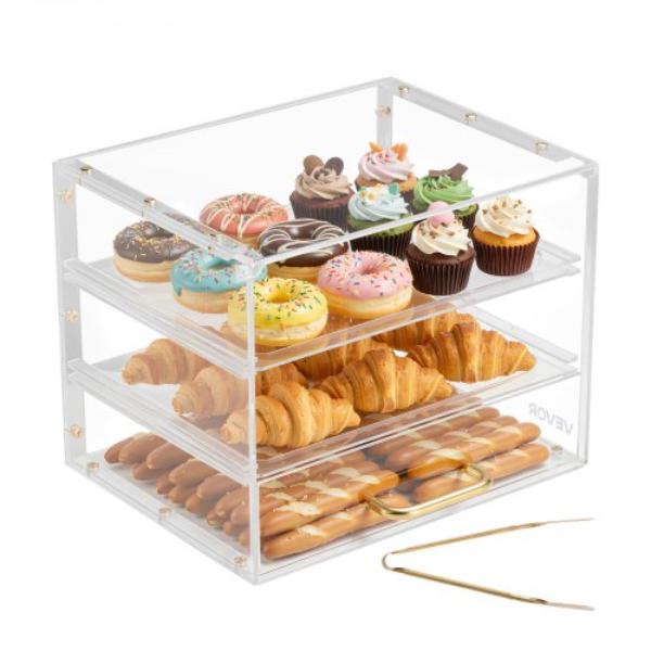 Picture of Vevor MBZSJYKLJX2C3L13D001V0 3-Tier Commercial Countertop Pastry Display Case - Clear Acrylic Bread Box for Kitchen - Party Cake Cabinet with Flip-Up Door