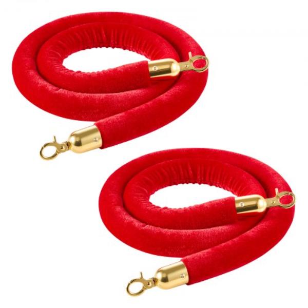 Red Velvet Stanchion Ropes - 5 ft. Crowd Control Stanchion Red Velvet Ropes with Gold Hooks - Post Queue Barrier Carpet Rope for Events - 2 Piece