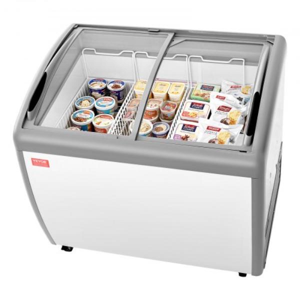 Commercial Ice Cream Display Chest Freezer - 9.3 cu. ft. Sliding Glass Doors, Adjustable Temp, Mobile with Baskets & LED Lighting