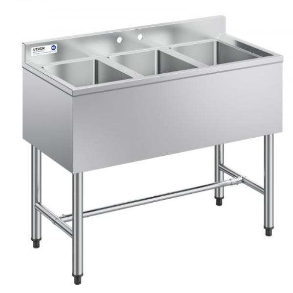 Picture of Vevor BXGDLSSCMSSC0LHIC001V0 3 Compartment Sink - 18 Gauge 304 Stainless Steel - 10 x 14 x 10 in. Bowl Size - 3 Bay Commercial Under Bar Sink with Backsplash