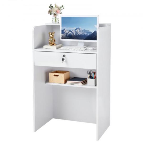 Reception Desk - 23.6 in. Rectangular Front Counter Table - Modern Office Reception Desk with Drawer - Small Minimalist Retail Counter Table - White