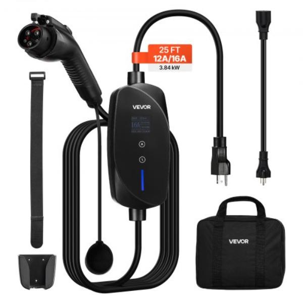 Level 1&2 EV Charger - 16A Adjustable Current - Electric Vehicle Portable Charger - 25 ft. Cable - 120V-240V - NEMA 6-20P Plug - NEMA 5-15 Adapter