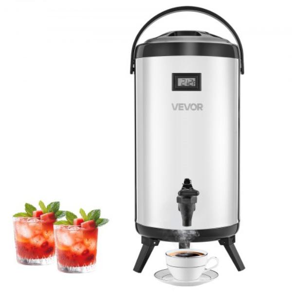 Picture of Vevor YLHLQQYXKYSBD1LNF001V9 Insulated Beverage Dispenser - 2.4 gal - Stainless Steel - Thermal Drink Server with Spigot & Temp Display - Suitable for Hot & Cold Drinks - Silver