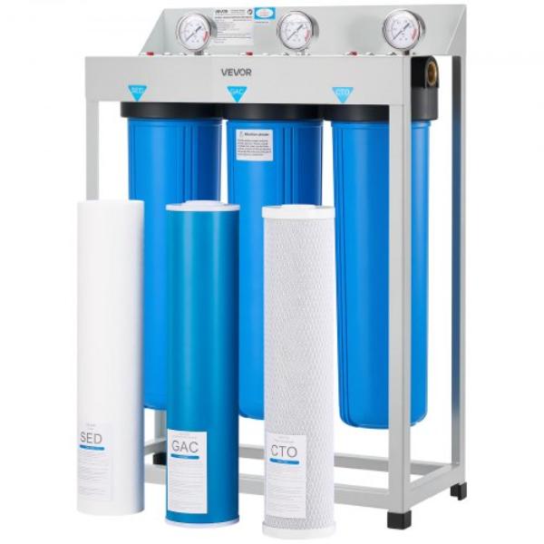 Picture of Vevor QWSGLQZZ3LXX5NK05001V0 Whole House Water Filter System - 3-Stage - Sediment - GAC - CTO - 4.5 x 20 in. Home Water Purifier Filter Reduce Chlorine - Rust