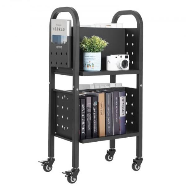 Rolling Library Book Cart - 150 lbs - 17.7 x 13.0 x 34.6 in. Library Cart - Double Sided L-Shaped Shelves with 2 in. Lockable Wheels - Black