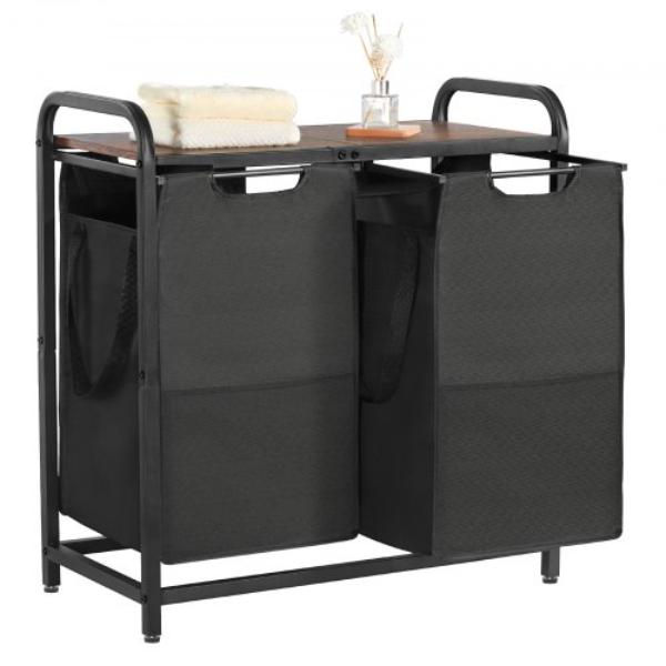 XYLEKJSMCLS1ELBGR001V0 2 Section Laundry Sorter - Large Laundry Hamper with Metal Frame & Wooden Tabletop - Freestanding Storage Organizer Baskets