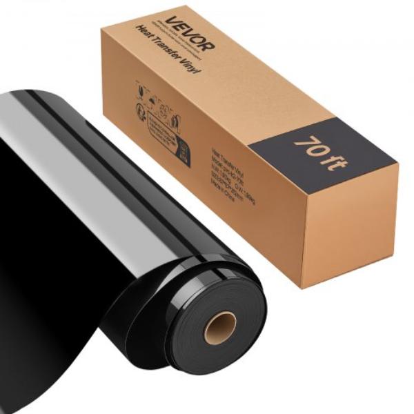Heat Transfer Vinyl - 12 in. x 70 ft. - Glossy Black HTV Iron on Vinyl Roll - Easy to Cut & Weed - Strong Adhesion with Cutting Machines