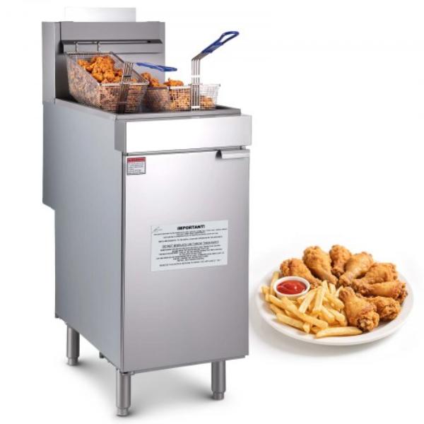 Picture of Vevor SYKRQZG40LBSS30WF001V0 Commercial Deep Fryer - 3-Burner - Stainless Steel - Propane Powered - 40 lbs - 90000 BTU
