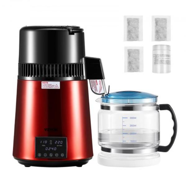 Picture of Vevor ICKZBXGZLSJZ7YEGY001V1 Water Distiller - 1.1 gal - Pure Water Purifier Filter - Home Table Countertop - 1750W Distilled Maker - Glass Pot - Stainless Steel Interior - Red