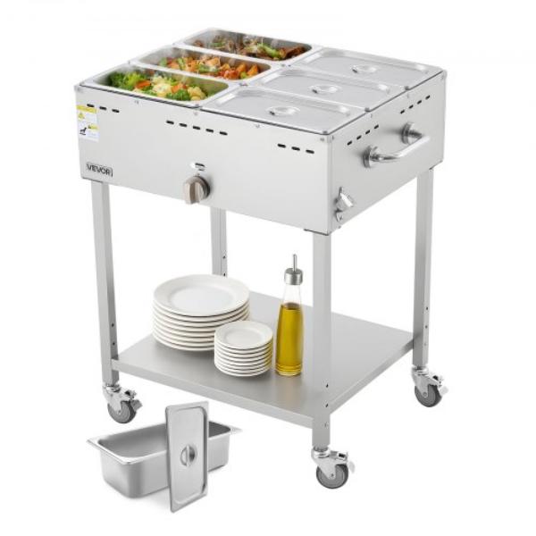 Picture of Vevor RQZQZLDKZTKZR95J8001V0 6-Pan Commercial Propane Steam Table - Liquid Propane Gas Outdoor Soup Warmer - Stainless Steel Food Warmer with Adjustable Temperature