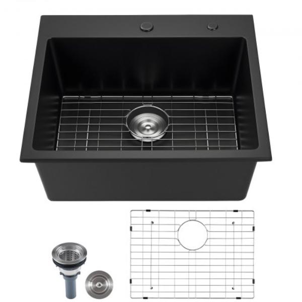 Picture of Vevor HGYCFSCTSPDCQ4WWW001V0 25 in. Kitchen Sink Workstation - Top Mount Granite Sinks - Drop-In Single Bowl Farmhouse Basin with Multiple Accessories - Household Dishwasher Sinks - Black